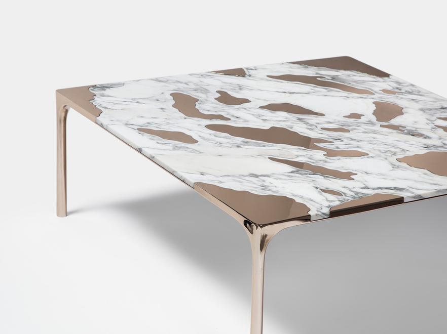Marble vs Bronze coffee table Sofa by gt2P for gallery FriedmanBenda - Courtesy of FriedmanBenda.