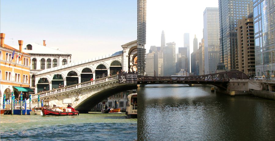 Rialto bridge in Venice and Chicago bridge - Photos by Adry and Daniel X O'Neil, Flickr CC.