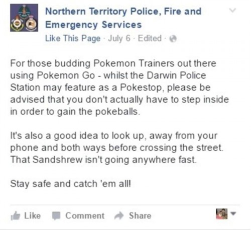US local police Facebook post after the Police Department was swamped by Pokemon Trainers.