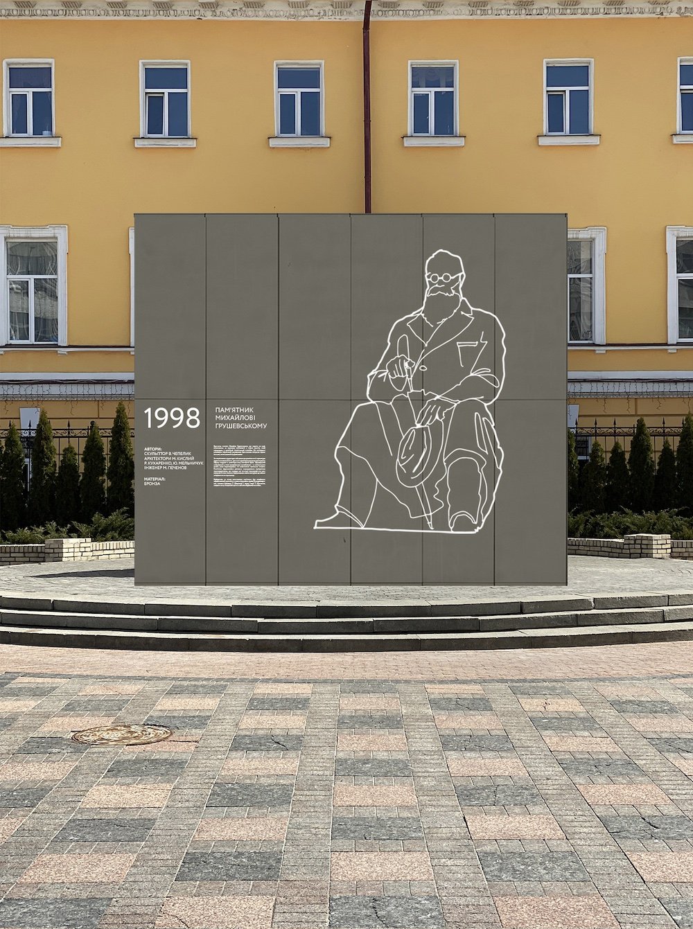Monument to Mykhailo Hrushevsky, Kyiv, with REUkraine. Monument shelter - Image by balbek bureau.
