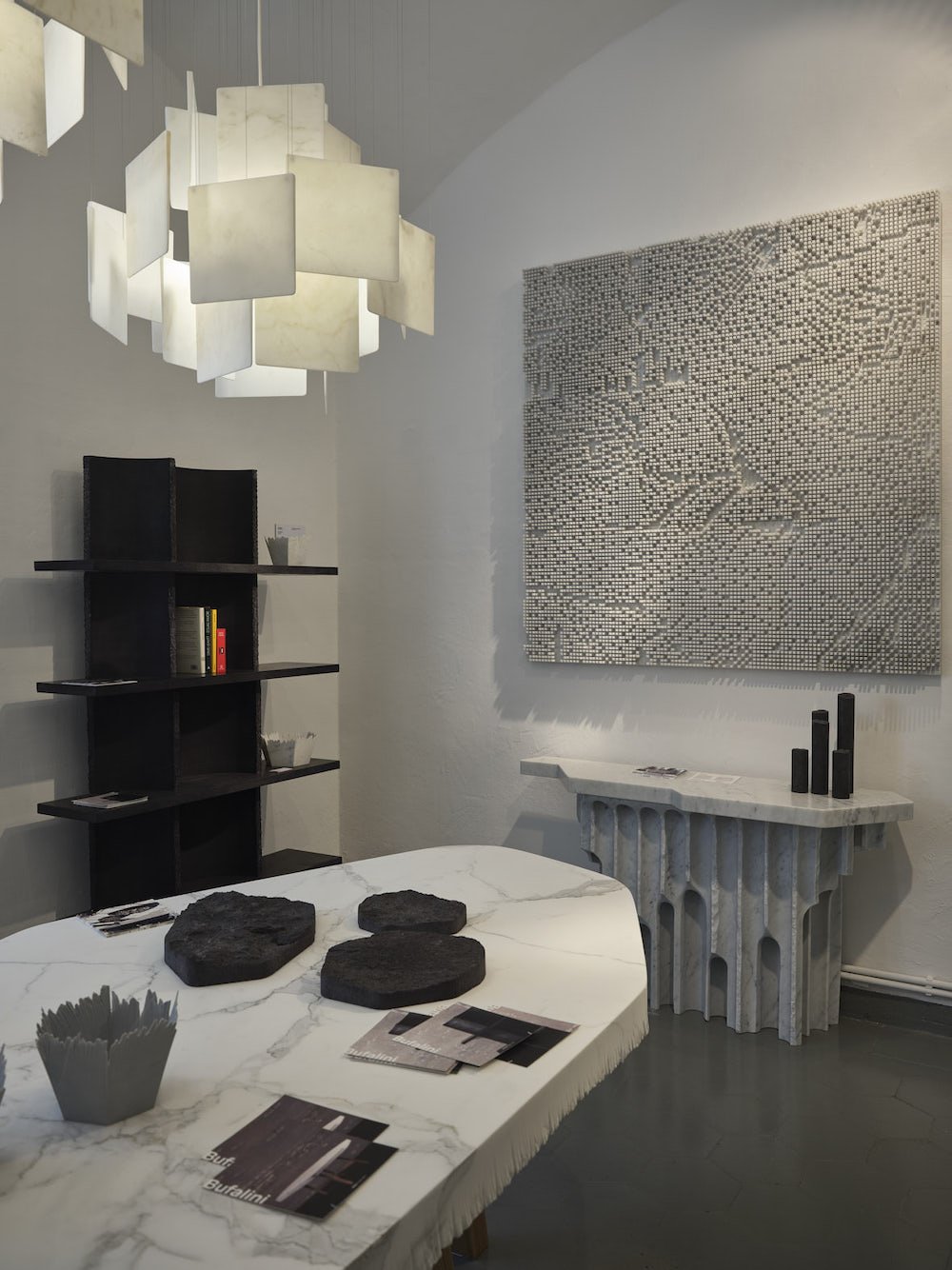 INGO marble chandelier and EMERSA table by Paolo Ulian for Bufalini at Rossana Orlandi Gallery - Photo by Marco Menghi, courtesy of Rossana Orlandi Gallery.