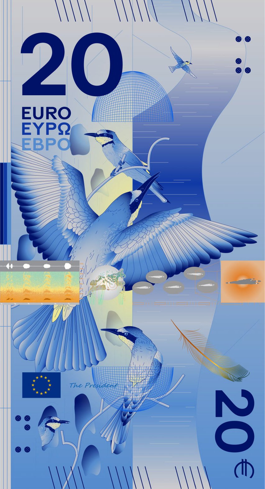 20 Euro Banknote redesign by Rudy Guedj and François Girard-Meunier - Design D, Front - Copyright of The ECB.