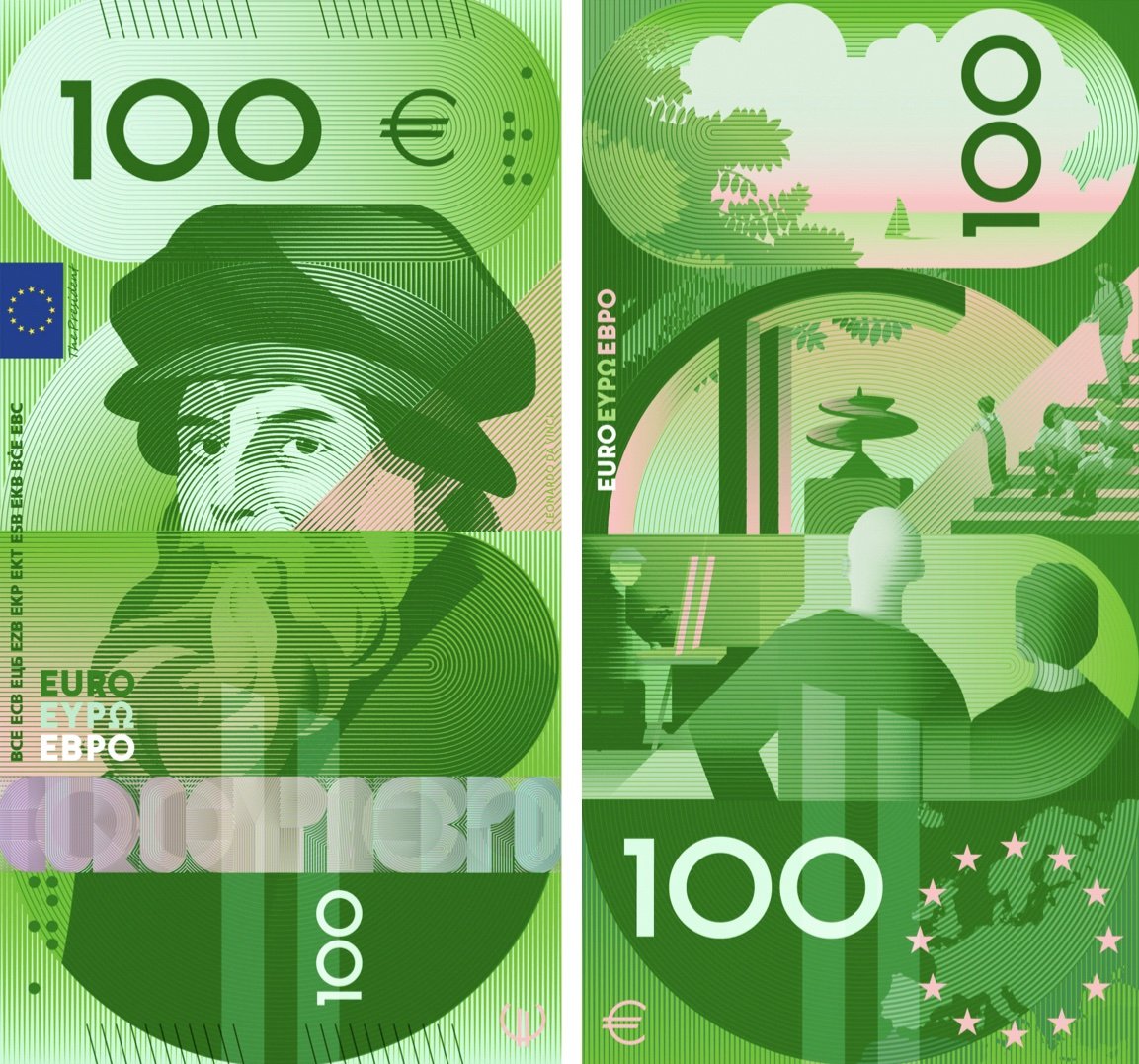 100 Euro banknote redesign by Rubio & del Amo and Cruz más Cruz - Design G - Copyright of The ECB.