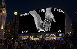 Woman Life Freedom artwork by Shirin Neshat at Piccadilly Circus, London - Courtesy of Circa.